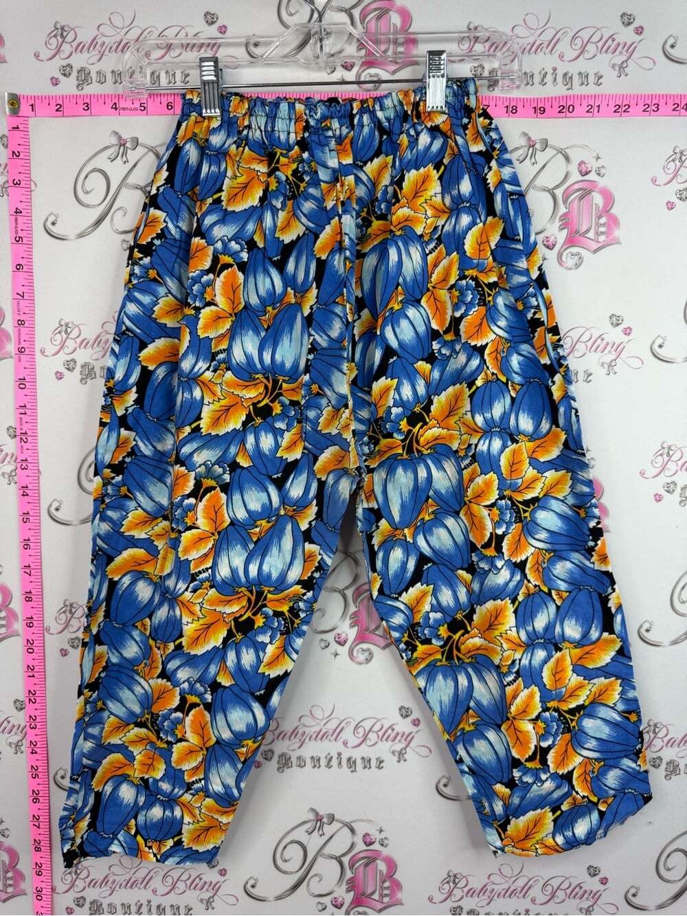 Capri vintage retro pants Blue & orange Floral Elastic-Waist Capris